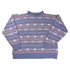 Liz Baker Sport Vintage Fair Isle Knit Sweater Purple Pink Cotton USA Made L